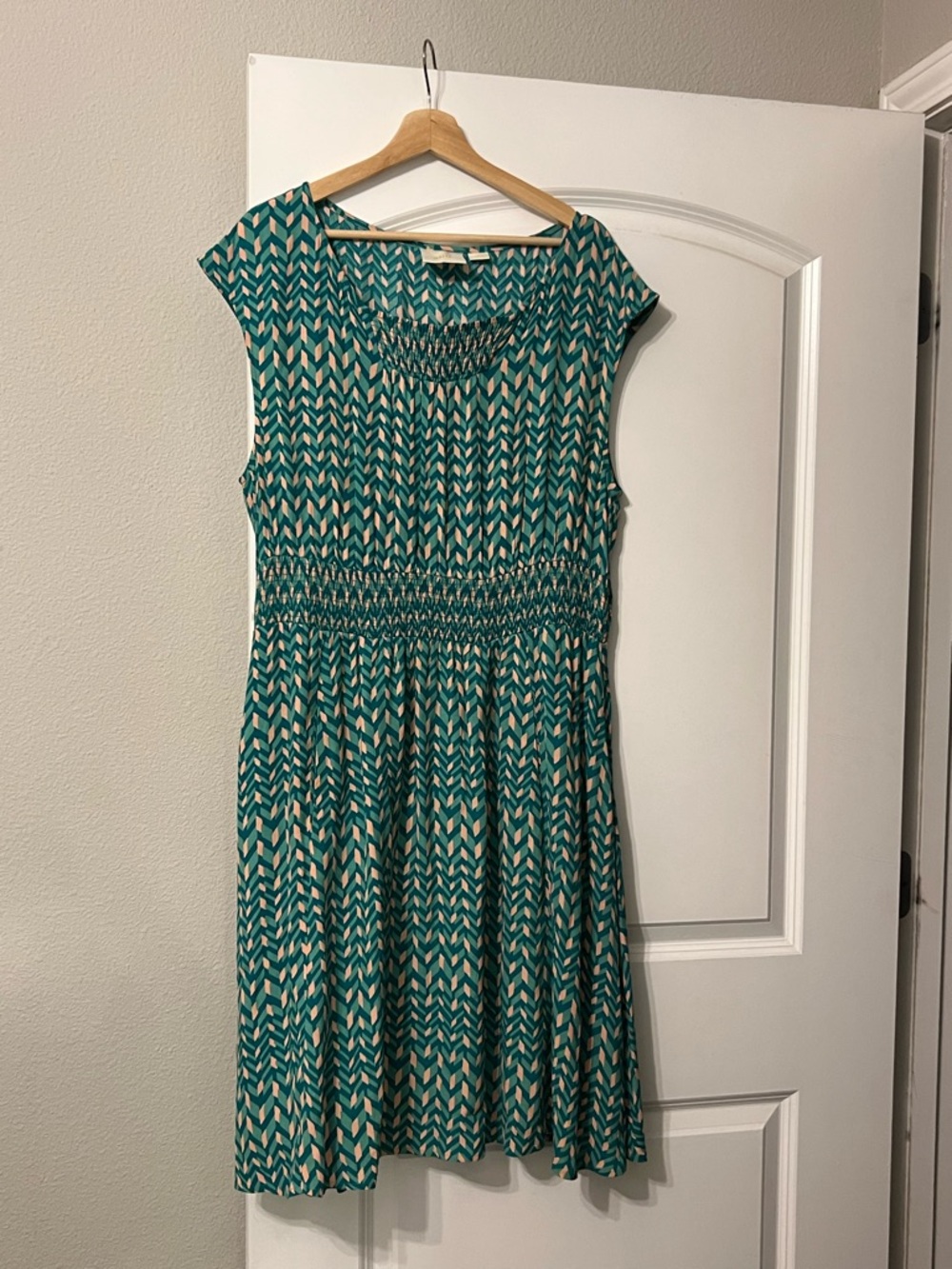 Maeve Anthropologie Teal and Cream Chevron Midi Dress